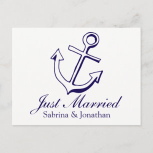 Nautical Navy Blue Just Married Ship Anchor Beach Announcement Postcard