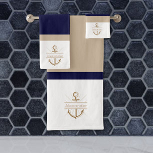  Nautical Navy Blue Khaki  White Anchor Monogram Bath Towel Set