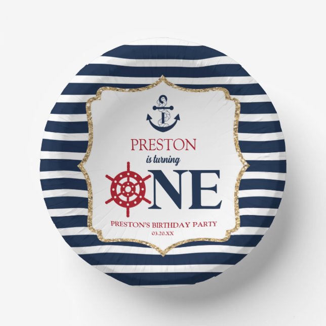 Nautical Navy Blue ONE First 1st Birthday Party Paper Plate (Front)