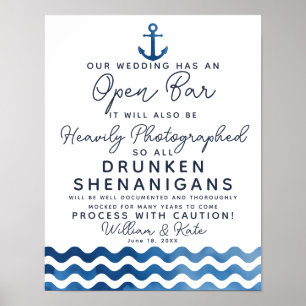 Nautical Navy blue Open bar Sign