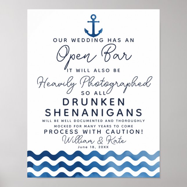 Nautical Navy blue Open bar Sign (Front)