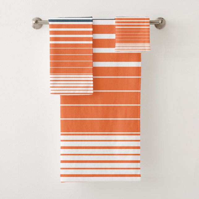 Nautical Navy Blue Orange Stripes Bath Towel Set (Insitu)