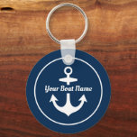 Nautical Navy Blue Personalised Boat Name Anchor Key Ring<br><div class="desc">Round nautical keychain design features a simple,  stylish navy blue and white coastal style design with boat anchor accent. Personalise the custom script text with the name of your boat.</div>