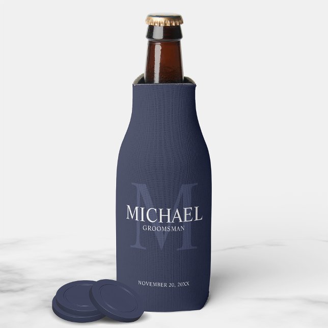 Nautical Navy Blue Personalised Groomsmen Bottle Cooler (Creator Uploaded)