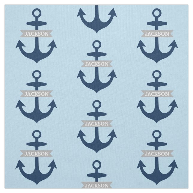 Nautical Navy Blue Personalised Name Boat Anchors Fabric (Swatch)