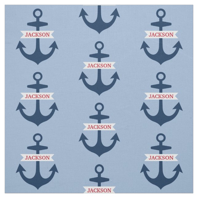 Nautical Navy Blue Personalised Name Boat Anchors Fabric (Swatch)