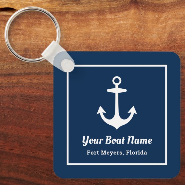 Nautical Navy Blue Personalized Boat Name Key Ring (Front)