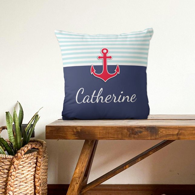 Nautical Navy Blue Red Anchor Custom Design Cushion (Creator Uploaded)