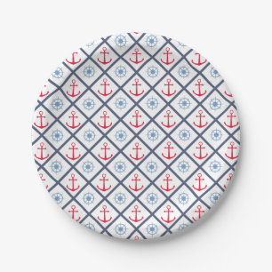 Nautical Navy Blue Red Anchor Ship Wheel Party Paper Plate