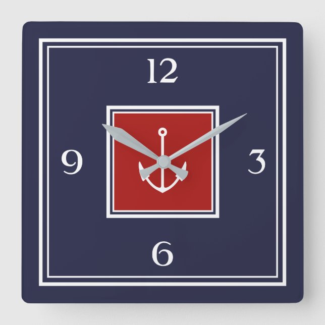 Nautical Navy Blue Red Anchor Square Wall Clock (Front)