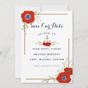 Nautical Navy Blue & Red Anemone Anchor Wedding Save The Date