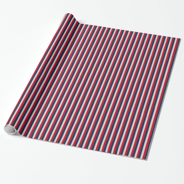 Nautical Navy Blue, Red, Silver Vertical Stripe Wrapping Paper (Unrolled)