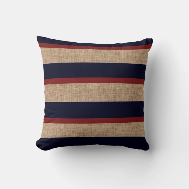 Nautical Navy Blue & Red Stripes Cushion (Front)
