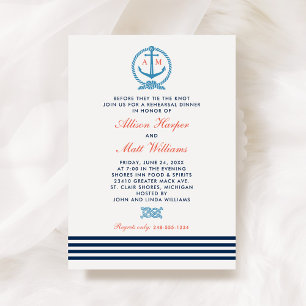 Nautical Navy Blue Red Wedding Rehearsal Dinner Invitation