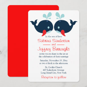 Nautical Navy Blue, Red Wedding Whales Beach Ocean Invitation