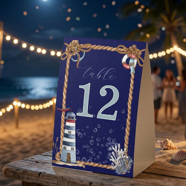 Nautical  Navy Blue Rope & Lighthouse Table Number (Creator Uploaded)