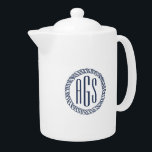 Nautical Navy Blue Rope Monogram<br><div class="desc">Nautical style monogrammed teapot features your three initial monogram in classic navy blue set inside a nautical rope circle badge. Perfect for beach houses,  blue kitchens or boat lovers.</div>