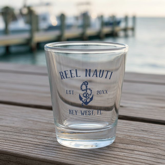 Nautical Navy Blue Rustic Anchor Boat Name Shot Glass (Creator Uploaded)