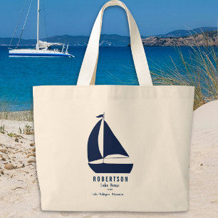 Nautical Navy Blue Sailboat Family Name Large Tote Bag