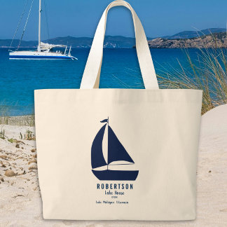 Nautical Navy Blue Sailboat Family Name Large Tote Bag