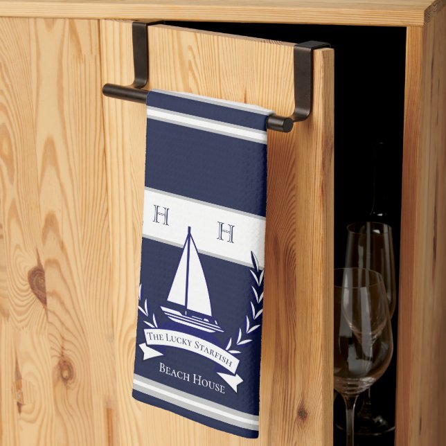 Nautical Navy Blue Sailboat Monogram Name  Kitchen Tea Towel (Thirds Fold)