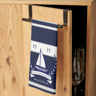 Nautical Navy Blue Sailboat Monogram Name Tea Towel