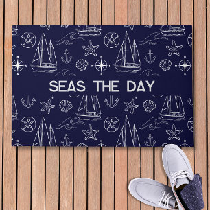 Nautical Navy Blue Sailboat Pattern Doormat