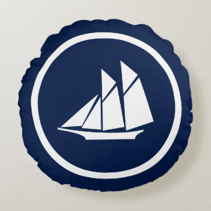 Nautical Navy blue Sailboat Seahorses Round Cushion