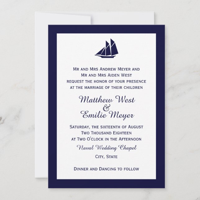 Nautical Navy Blue Sailboat Wedding Invitations (Front)