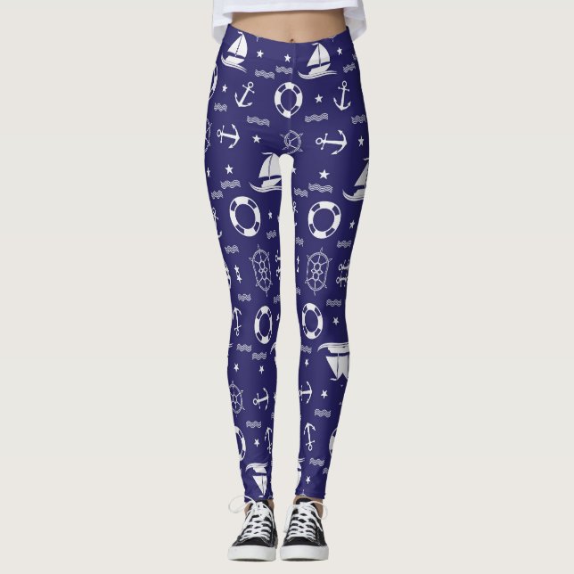 Nautical Navy Blue Seamless Patterns Background Leggings (Front)