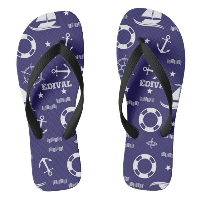 Nautical Navy Blue Seamless Patterns Background Thongs (Footbed)
