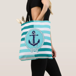 Nautical navy blue ship anchor, aqua blue stripe tote bag