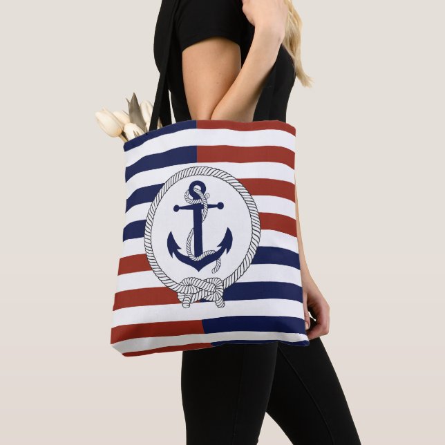Nautical navy blue ship anchor, navy, red stripe tote bag (Close Up)
