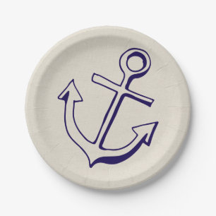 Nautical Navy Blue Ship Anchor Tan Wedding Paper Plate