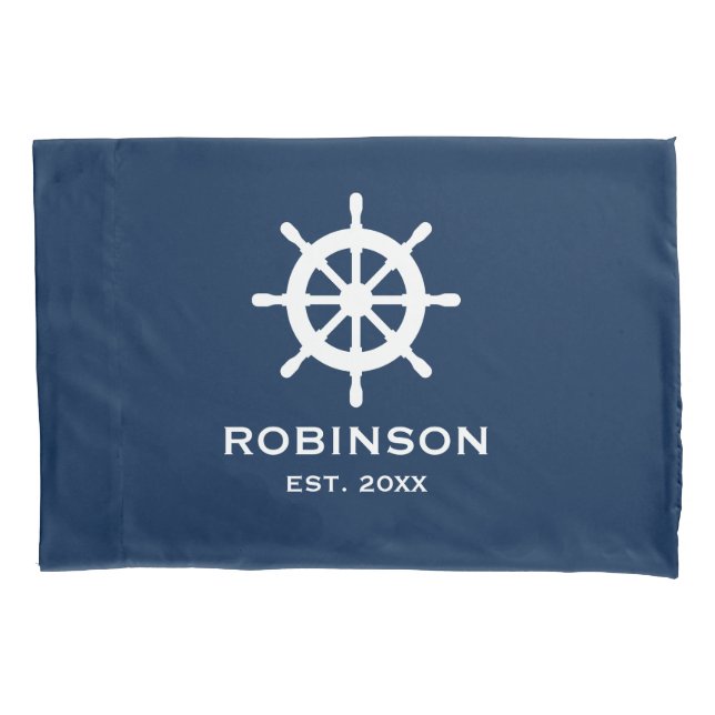 Nautical navy blue ship wheel custom family name pillowcase (Front)