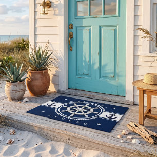 Nautical Navy Blue Ship's Wheel Anchor Doormat