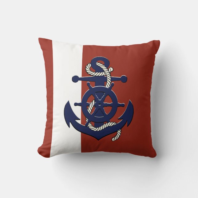 Nautical navy blue ship's wheel/anchor red cushion (Front)