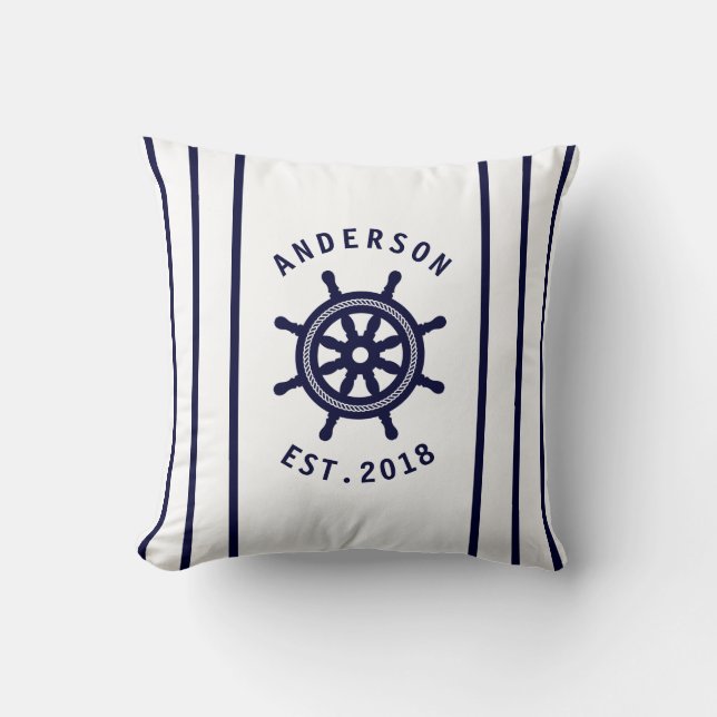 Nautical Navy Blue Ships Wheel Personalised Cushion (Front)