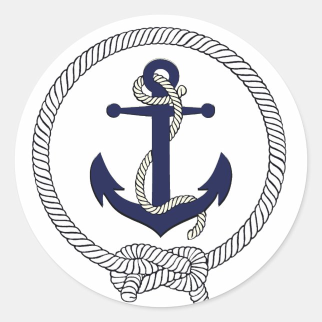 Nautical navy blue silhouette anchor blk rope classic round sticker (Front)