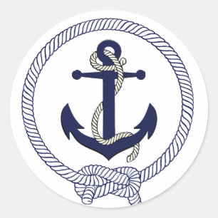 Nautical navy blue silhouette anchor rope classic round sticker