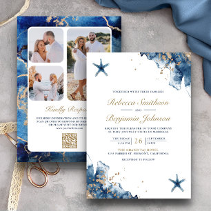 Nautical Navy Blue Starfish Photo QR Code Wedding Invitation