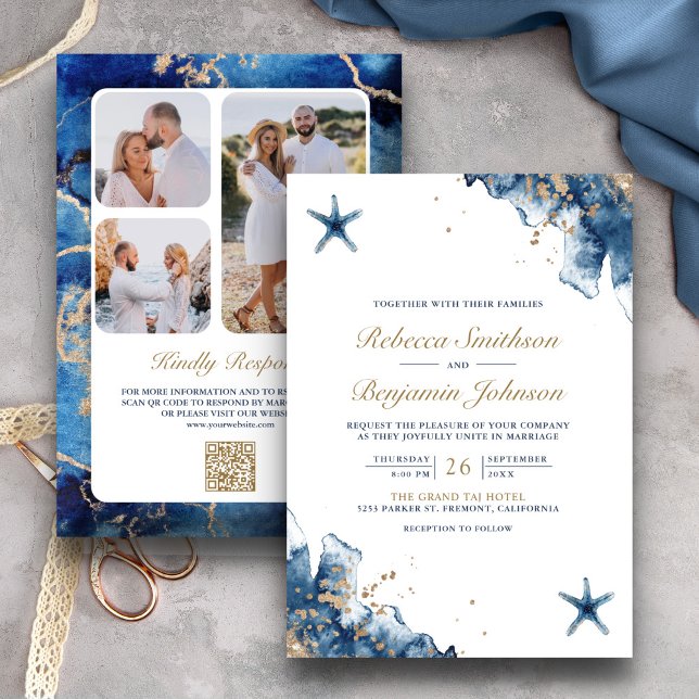 Nautical Navy Blue Starfish Photo QR Code Wedding Invitation (Creator Uploaded)