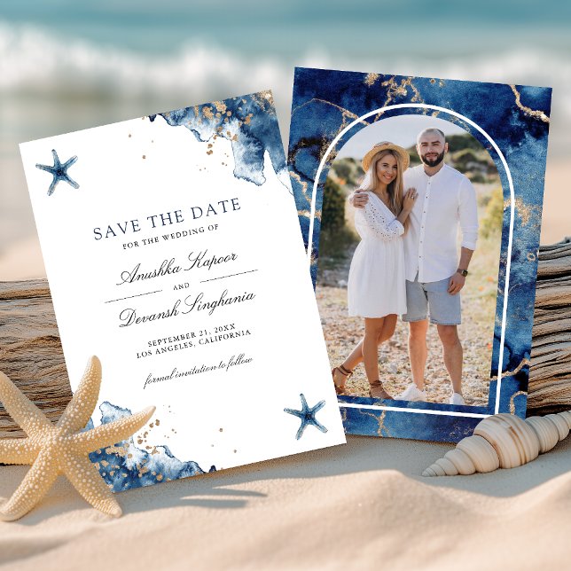 Nautical Navy Blue Starfish Photo Wedding Save The Date (Creator Uploaded)