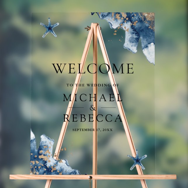 Nautical Navy Blue Starfish Wedding Welcome Sign (Neutral)