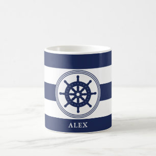 Nautical Navy Blue Steering Wheel Personalised Coffee Mug