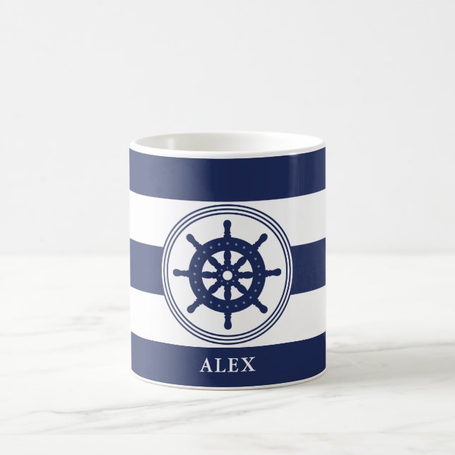 Nautical Navy Blue Steering Wheel Personalised Coffee Mug (Center)