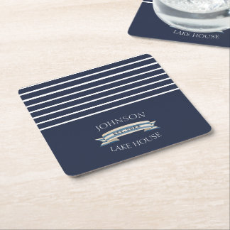 Nautical Navy Blue Stripe Lake House Name Square Paper Coaster