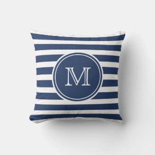 Nautical Navy Blue Stripe Monogram Throw Pillow