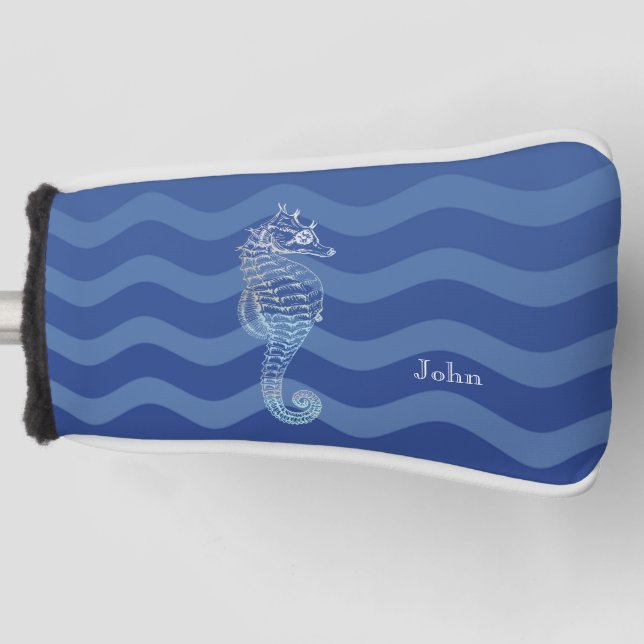 Nautical Navy Blue Stripe Waves Seahorse Golf Head Cover (Front)