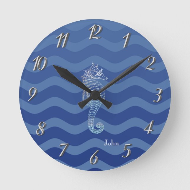 Nautical Navy Blue Stripe Waves Seahorse Round Clock (Front)